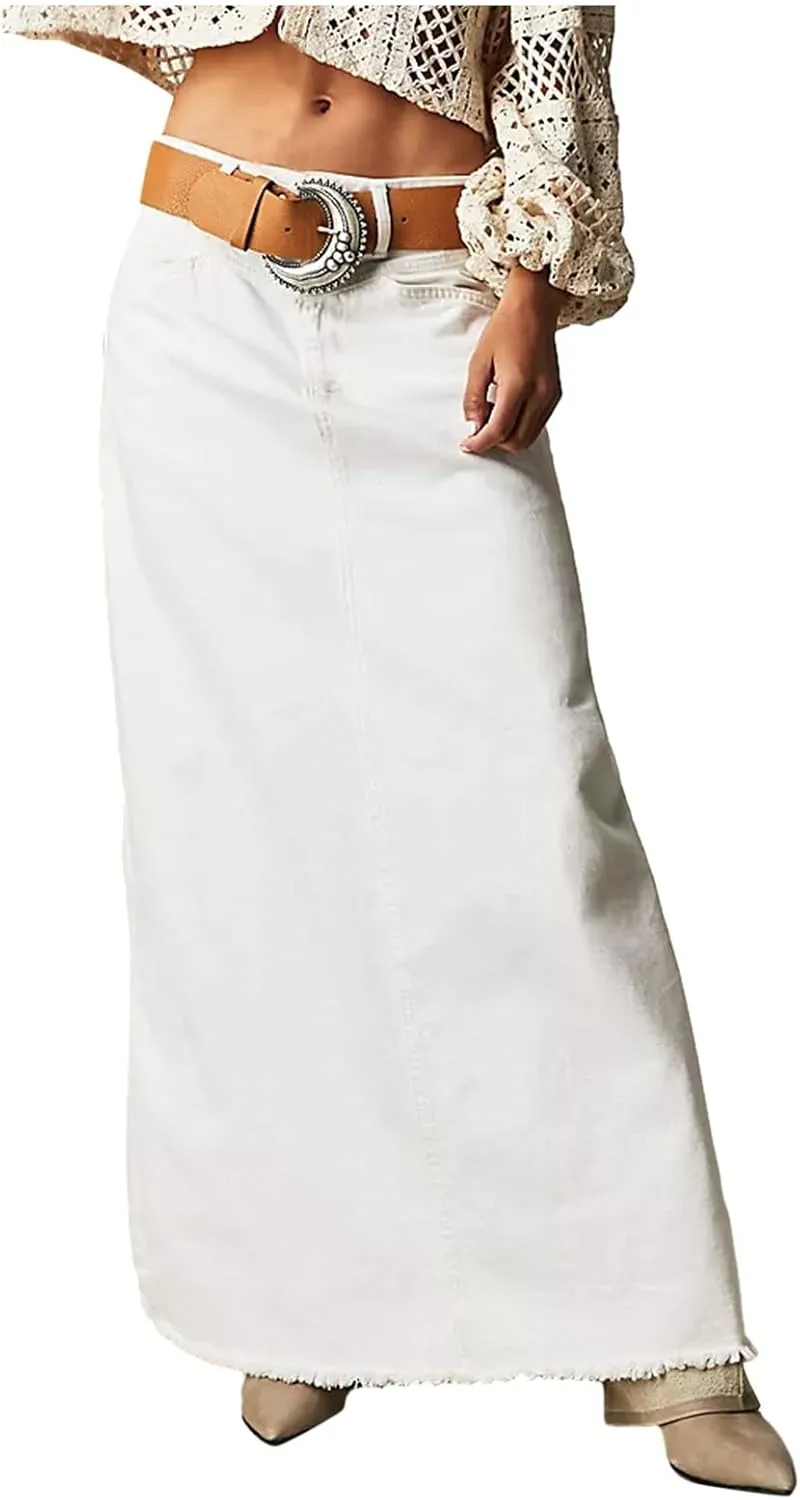 Women Vintage Denim Maxi Skirt Frayed Raw Hem High Waist A-Line Long Jean Skirt 2025 Summer Streetwear with Pockets