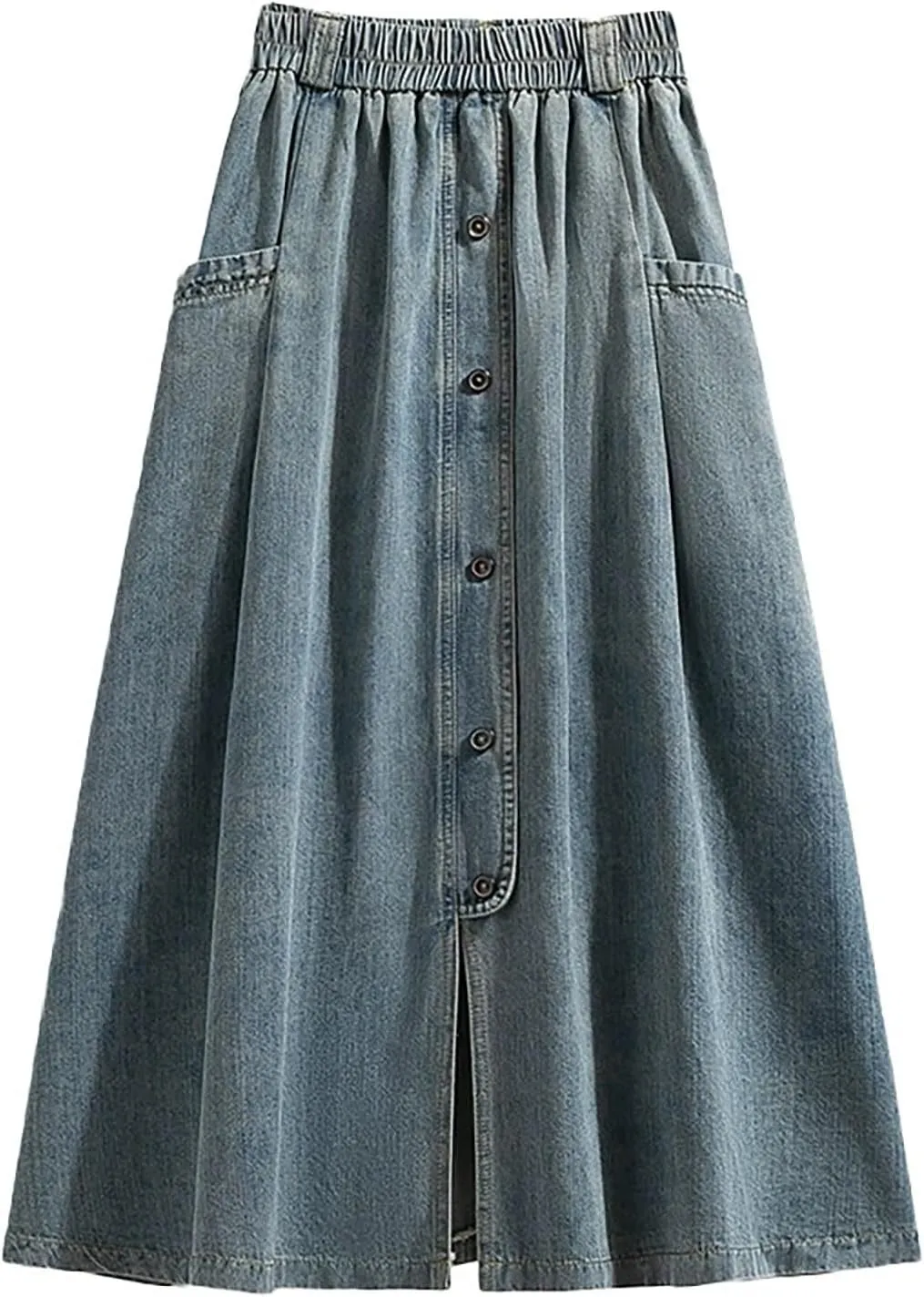 Women Vintage Denim Maxi Skirt Frayed Raw Hem High Waist A-Line Long Jean Skirt 2025 Summer Streetwear with Pockets