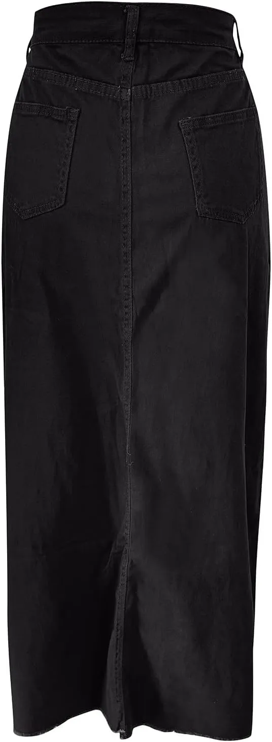 Women Vintage Denim Maxi Skirt Frayed Raw Hem High Waist A-Line Long Jean Skirt 2025 Summer Streetwear with Pockets