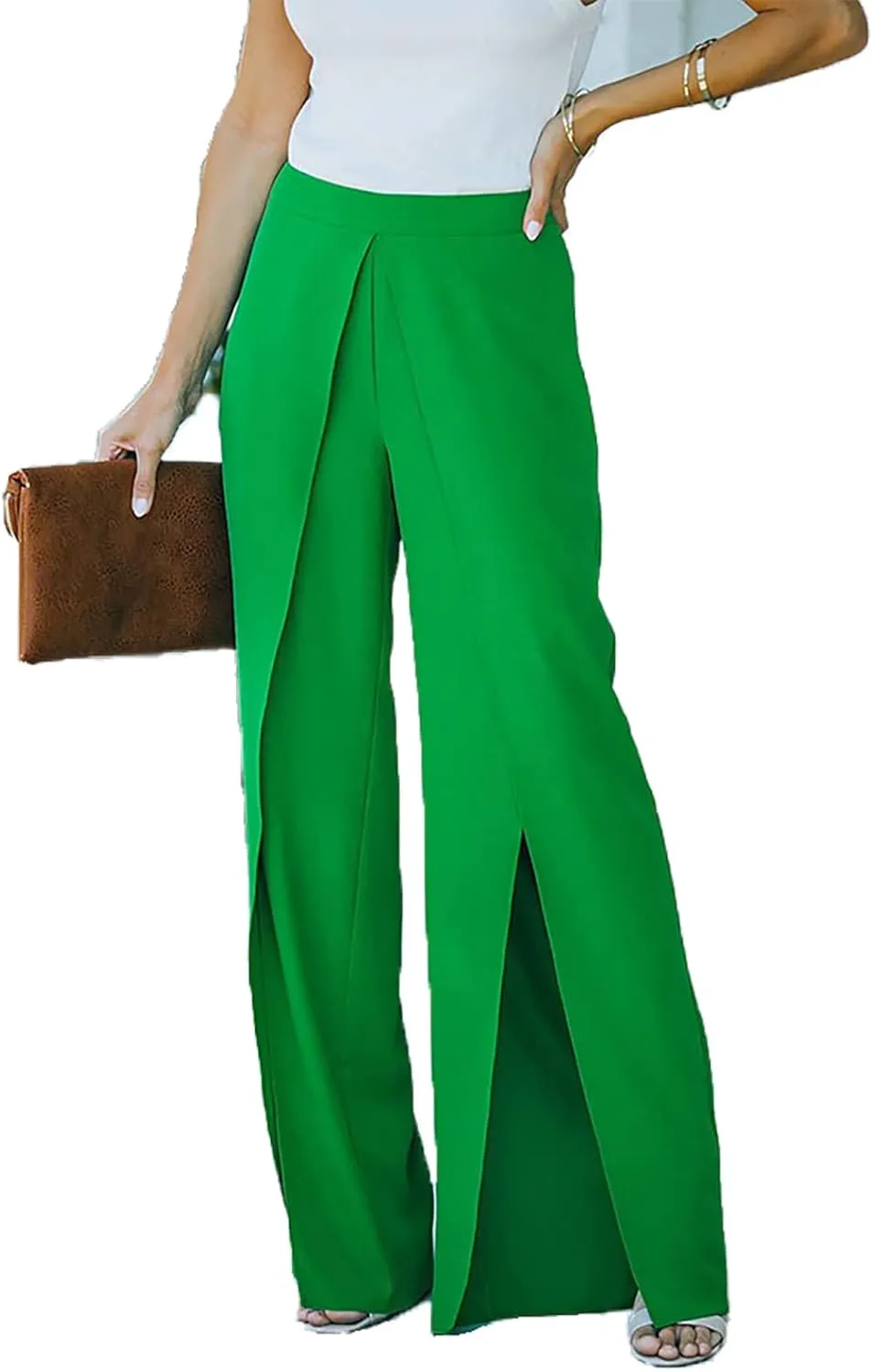 Women's Big Split Front Pants Elastic High Waist Elegant Flare Leg Long Loose Fitting Trousers