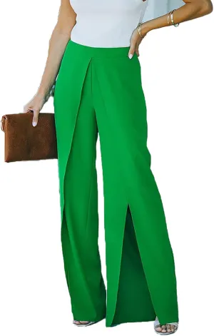 Women's Big Split Front Pants Elastic High Waist Elegant Flare Leg Long Loose Fitting Trousers