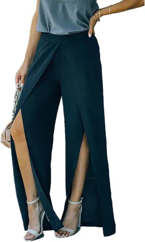 Women's Big Split Front Pants Elastic High Waist Elegant Flare Leg Long Loose Fitting Trousers