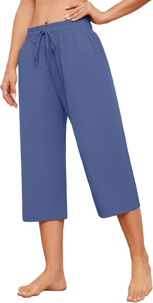 Womens Capri Pants Loose Wide Leg Drawstring Elastic Waist Casual Lounge Cropped Pants with Pockets