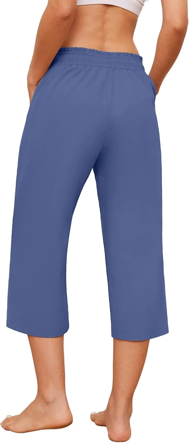 Womens Capri Pants Loose Wide Leg Drawstring Elastic Waist Casual Lounge Cropped Pants with Pockets