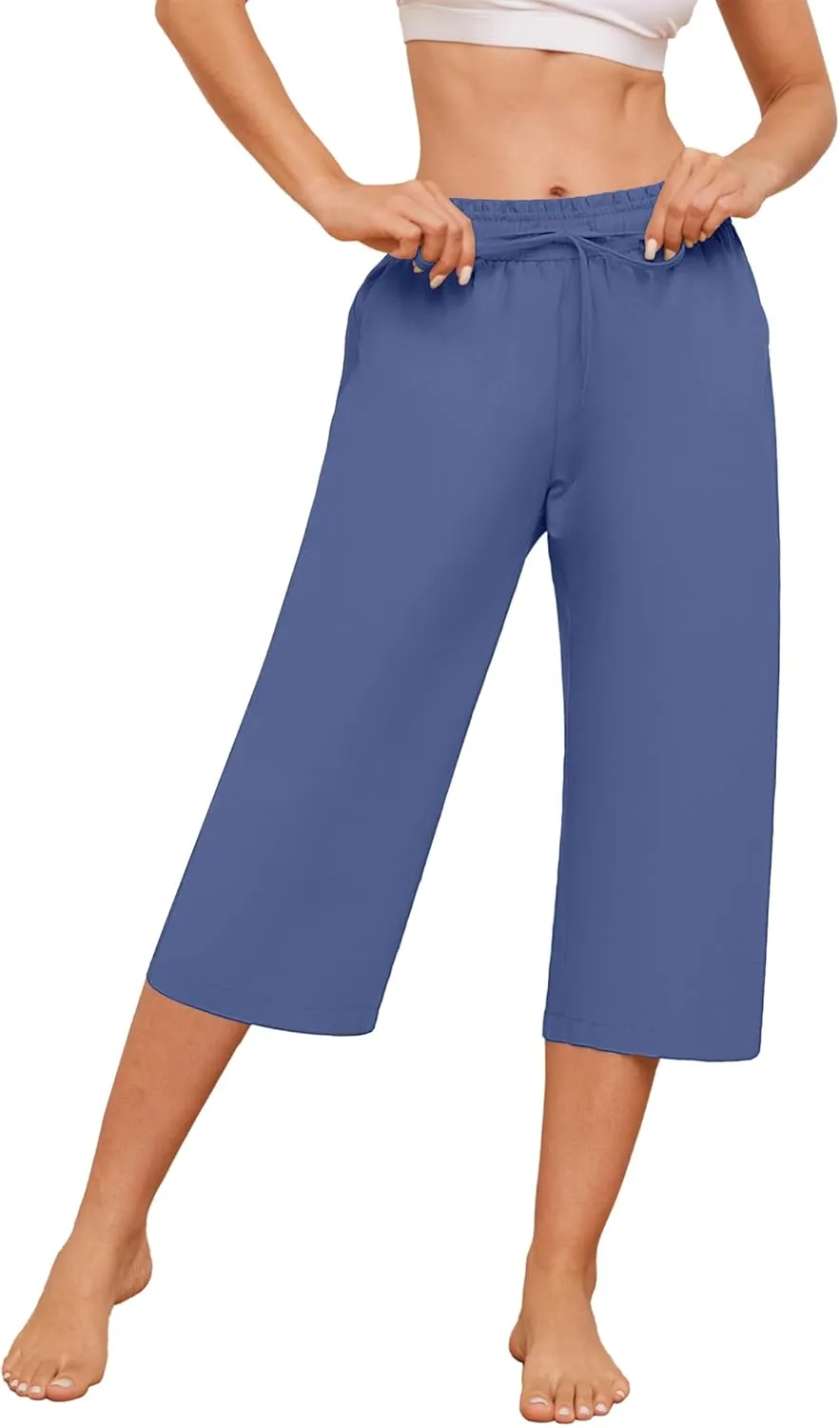 Womens Capri Pants Loose Wide Leg Drawstring Elastic Waist Casual Lounge Cropped Pants with Pockets