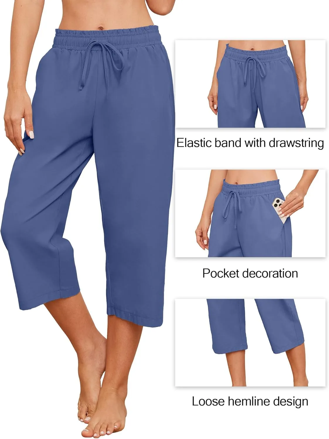 Womens Capri Pants Loose Wide Leg Drawstring Elastic Waist Casual Lounge Cropped Pants with Pockets