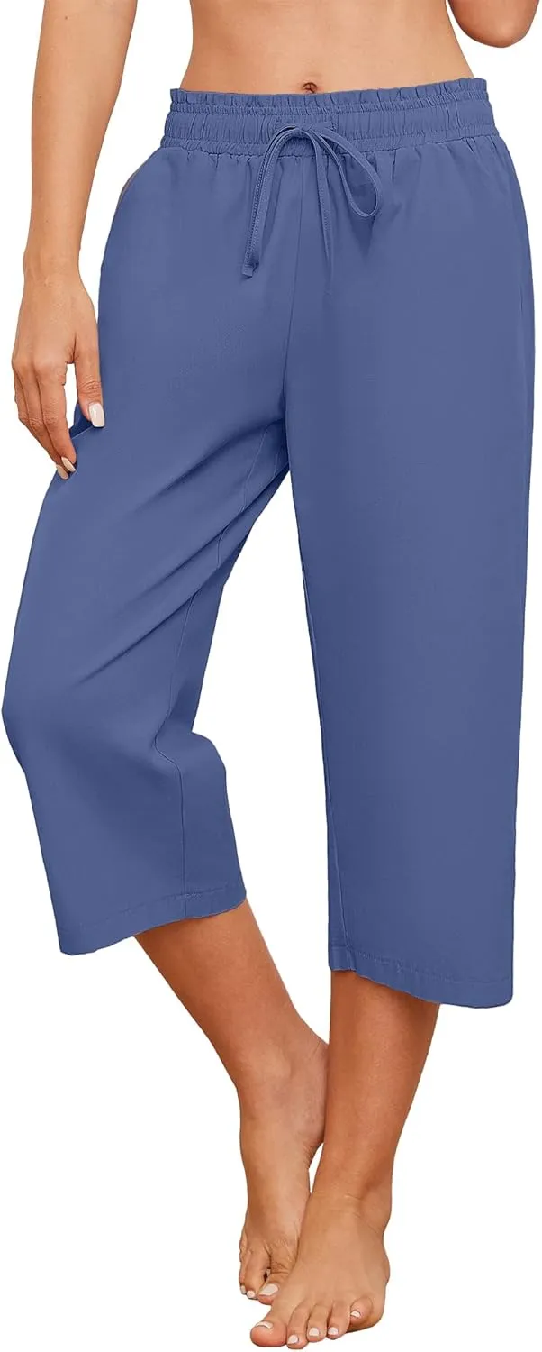 Womens Capri Pants Loose Wide Leg Drawstring Elastic Waist Casual Lounge Cropped Pants with Pockets