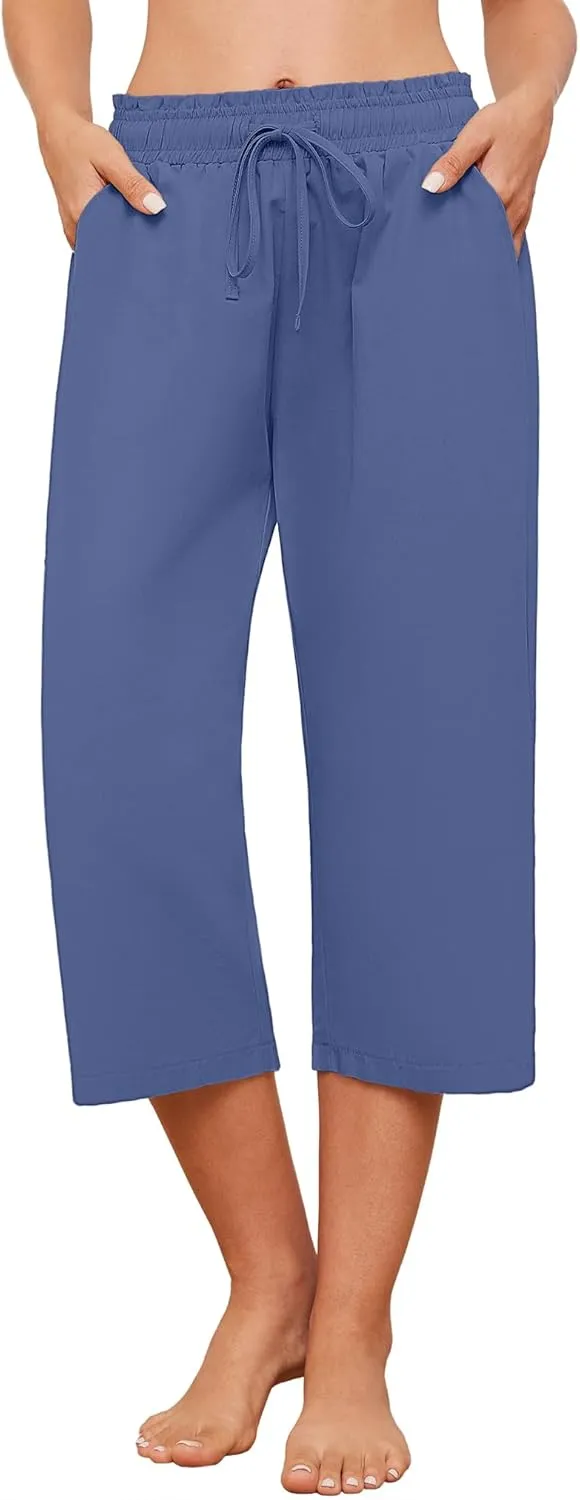 Womens Capri Pants Loose Wide Leg Drawstring Elastic Waist Casual Lounge Cropped Pants with Pockets