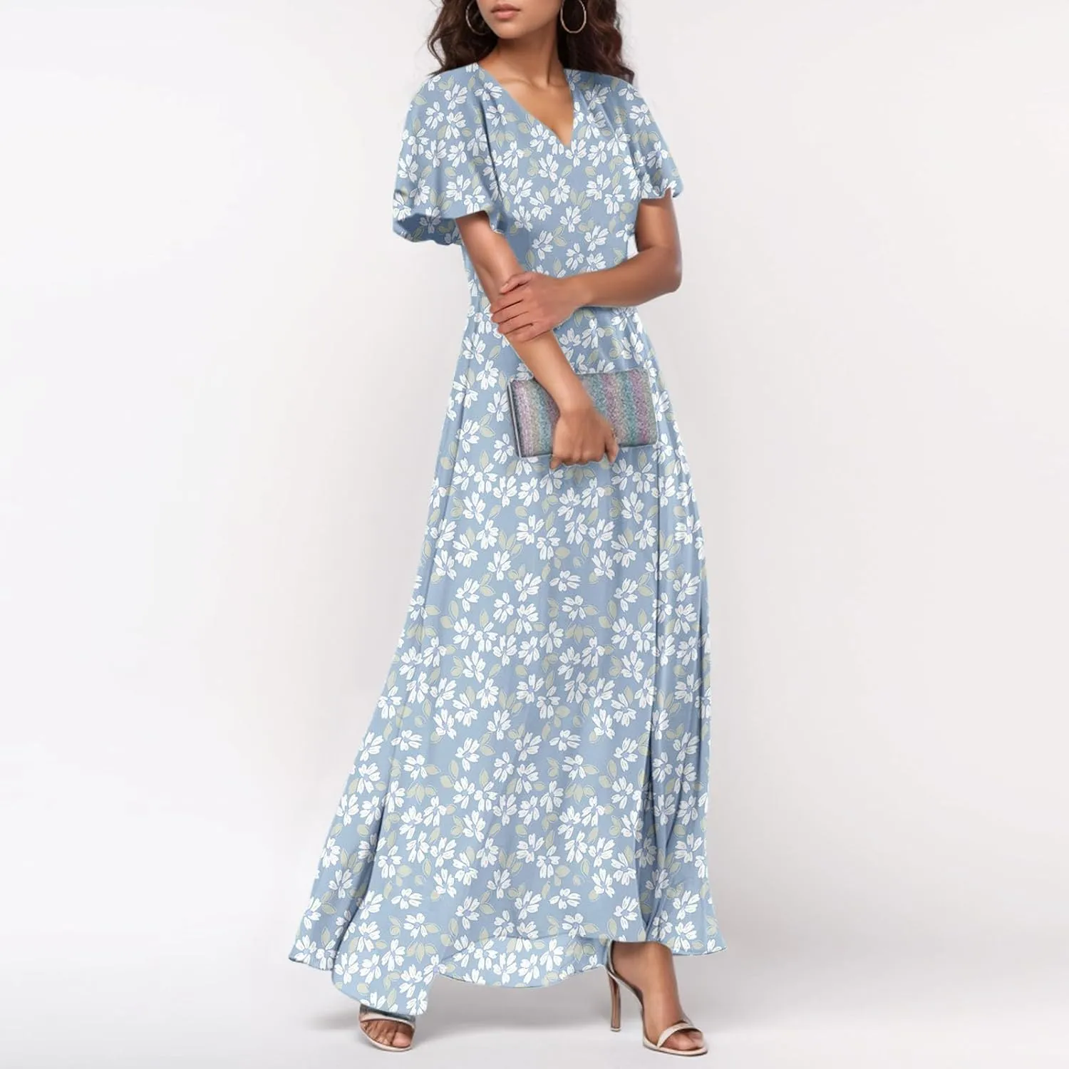 Womens Casual Flowy Chiffon Maxi Dress 2025 Summer A Line Floral Sundress Short Sleeve V Neck Peasant Beach Long Dresses