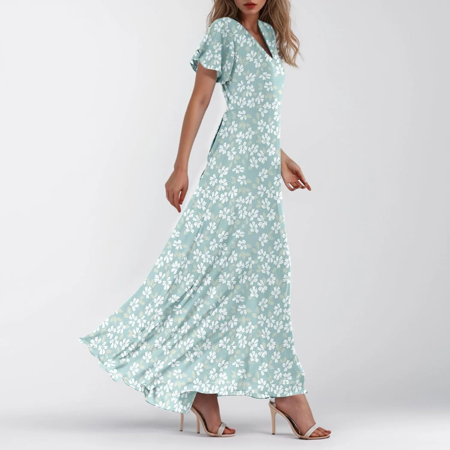 Womens Casual Flowy Chiffon Maxi Dress 2025 Summer A Line Floral Sundress Short Sleeve V Neck Peasant Beach Long Dresses