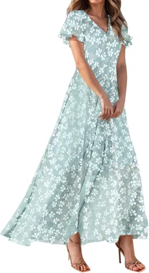 Womens Casual Flowy Chiffon Maxi Dress 2025 Summer A Line Floral Sundress Short Sleeve V Neck Peasant Beach Long Dresses