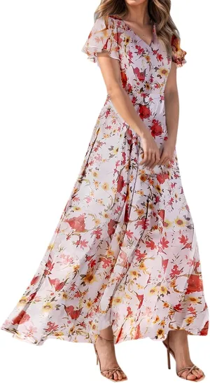 Womens Casual Flowy Chiffon Maxi Dress 2025 Summer A Line Floral Sundress Short Sleeve V Neck Peasant Beach Long Dresses