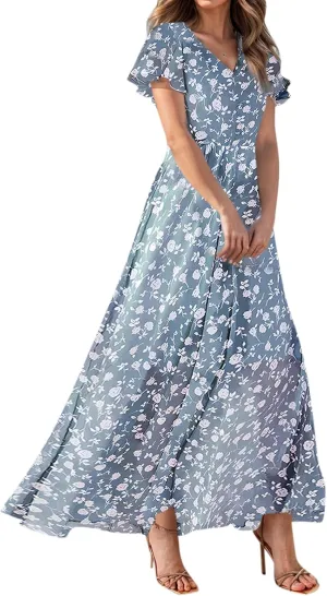 Womens Casual Flowy Chiffon Maxi Dress 2025 Summer A Line Floral Sundress Short Sleeve V Neck Peasant Beach Long Dresses