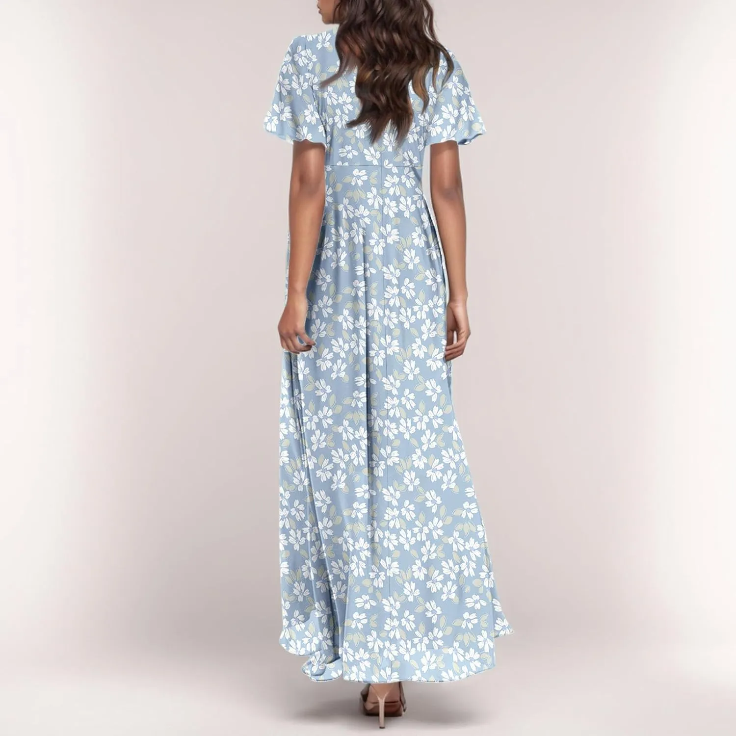 Womens Casual Flowy Chiffon Maxi Dress 2025 Summer A Line Floral Sundress Short Sleeve V Neck Peasant Beach Long Dresses
