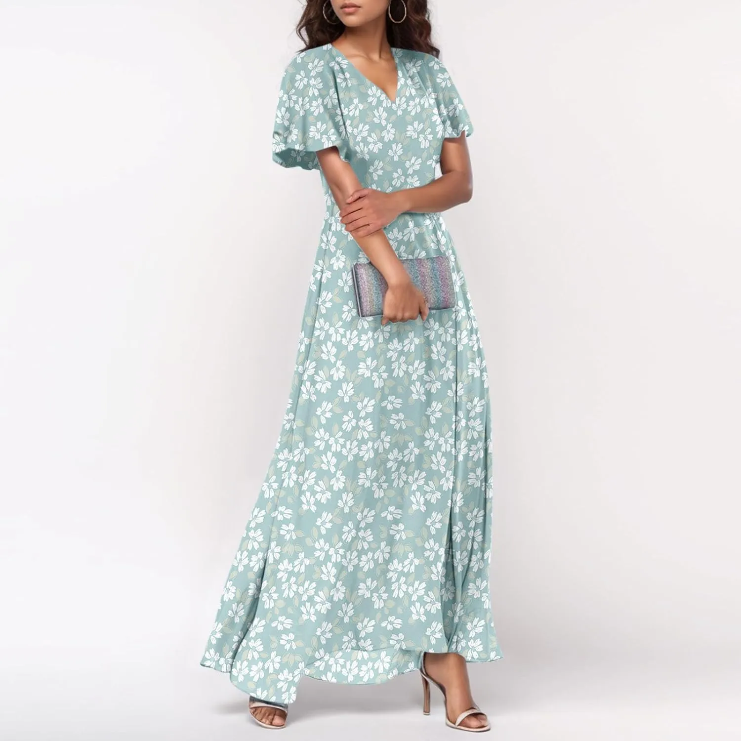 Womens Casual Flowy Chiffon Maxi Dress 2025 Summer A Line Floral Sundress Short Sleeve V Neck Peasant Beach Long Dresses