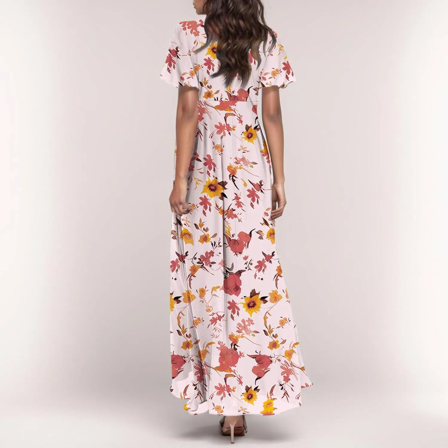 Womens Casual Flowy Chiffon Maxi Dress 2025 Summer A Line Floral Sundress Short Sleeve V Neck Peasant Beach Long Dresses