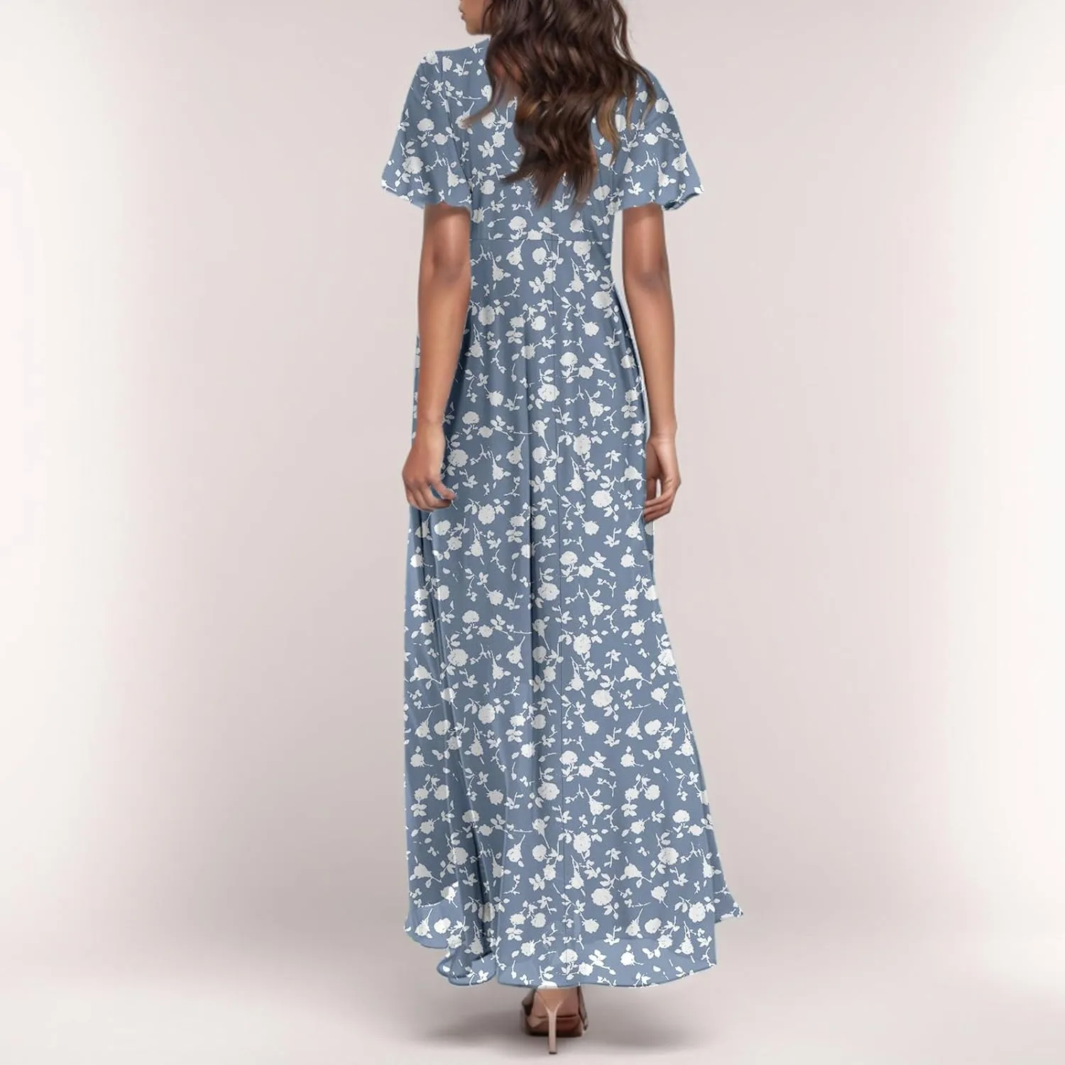 Womens Casual Flowy Chiffon Maxi Dress 2025 Summer A Line Floral Sundress Short Sleeve V Neck Peasant Beach Long Dresses