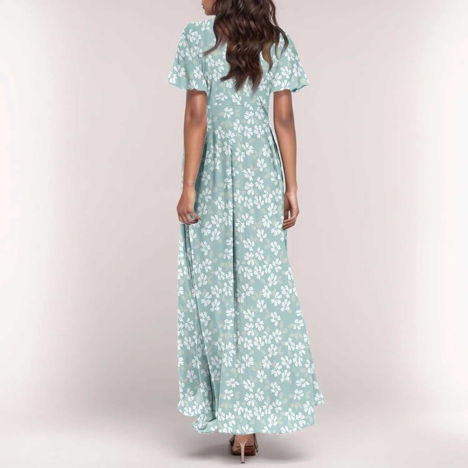 Womens Casual Flowy Chiffon Maxi Dress 2025 Summer A Line Floral Sundress Short Sleeve V Neck Peasant Beach Long Dresses