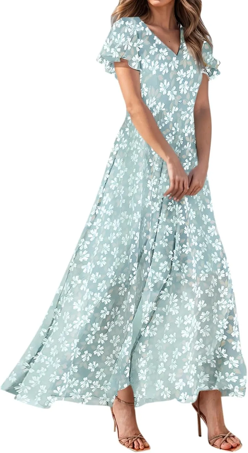 Womens Casual Flowy Chiffon Maxi Dress 2025 Summer A Line Floral Sundress Short Sleeve V Neck Peasant Beach Long Dresses