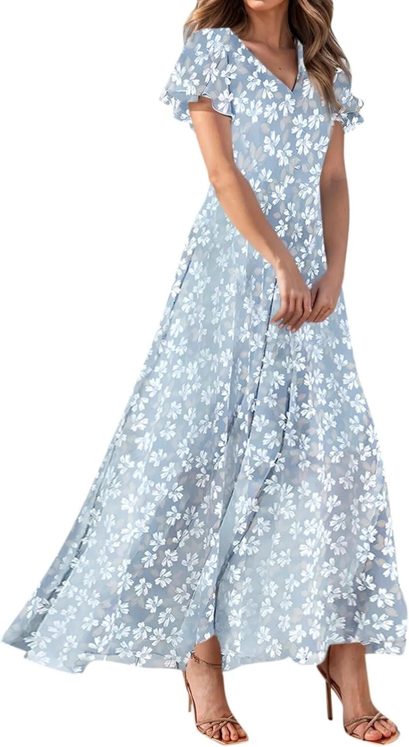 Womens Casual Flowy Chiffon Maxi Dress 2025 Summer A Line Floral Sundress Short Sleeve V Neck Peasant Beach Long Dresses