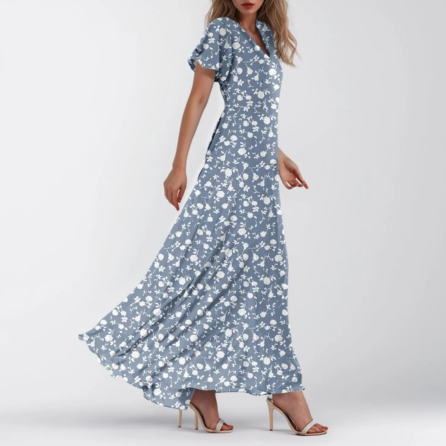 Womens Casual Flowy Chiffon Maxi Dress 2025 Summer A Line Floral Sundress Short Sleeve V Neck Peasant Beach Long Dresses
