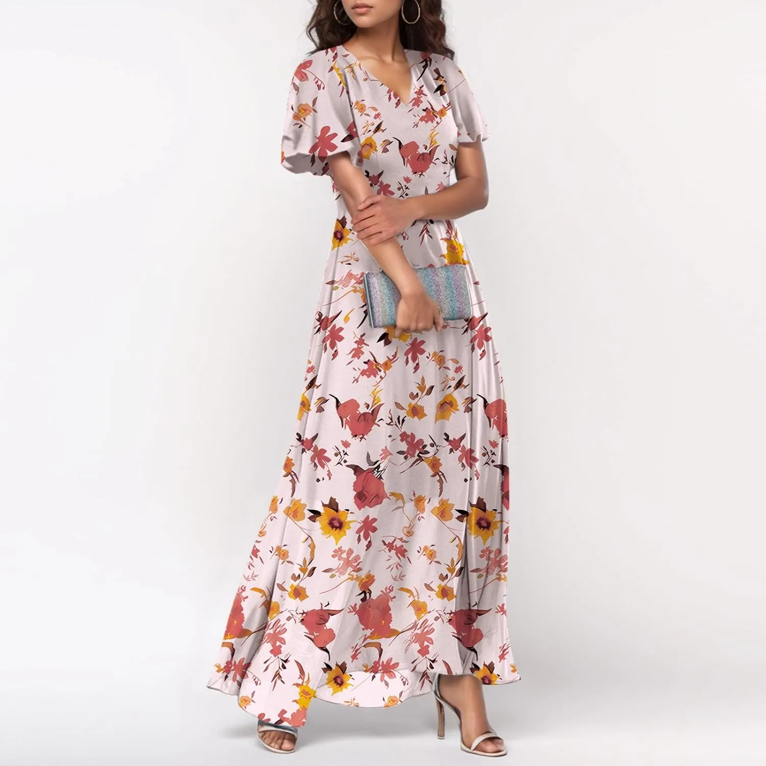 Womens Casual Flowy Chiffon Maxi Dress 2025 Summer A Line Floral Sundress Short Sleeve V Neck Peasant Beach Long Dresses