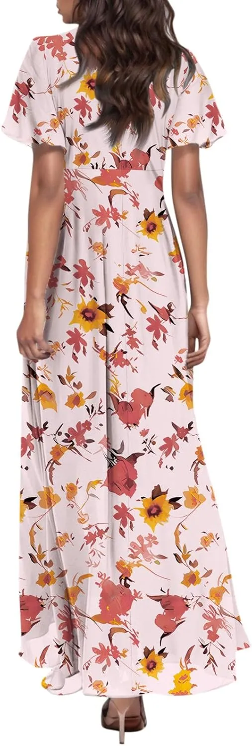 Womens Casual Flowy Chiffon Maxi Dress 2025 Summer A Line Floral Sundress Short Sleeve V Neck Peasant Beach Long Dresses