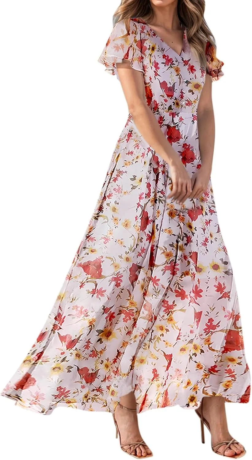 Womens Casual Flowy Chiffon Maxi Dress 2025 Summer A Line Floral Sundress Short Sleeve V Neck Peasant Beach Long Dresses