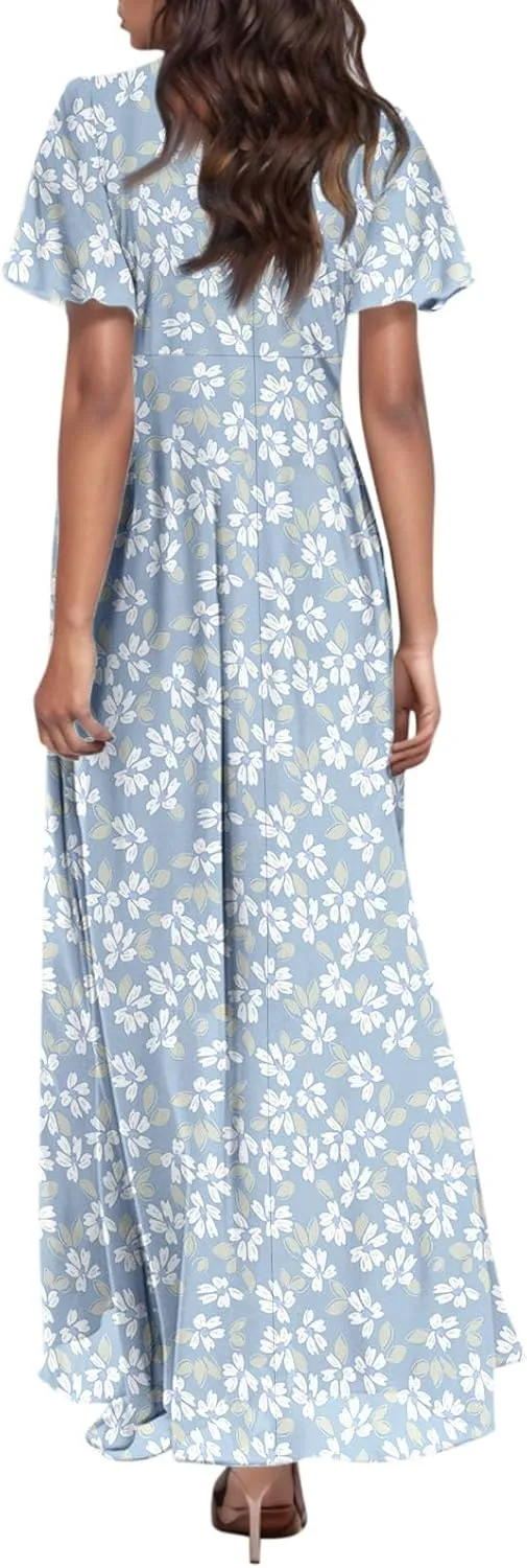 Womens Casual Flowy Chiffon Maxi Dress 2025 Summer A Line Floral Sundress Short Sleeve V Neck Peasant Beach Long Dresses