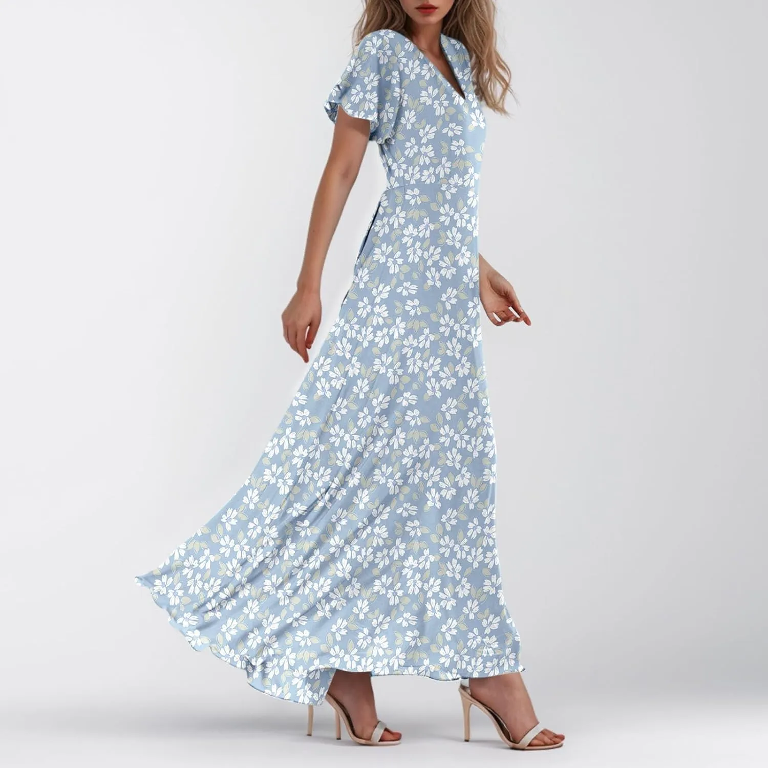 Womens Casual Flowy Chiffon Maxi Dress 2025 Summer A Line Floral Sundress Short Sleeve V Neck Peasant Beach Long Dresses