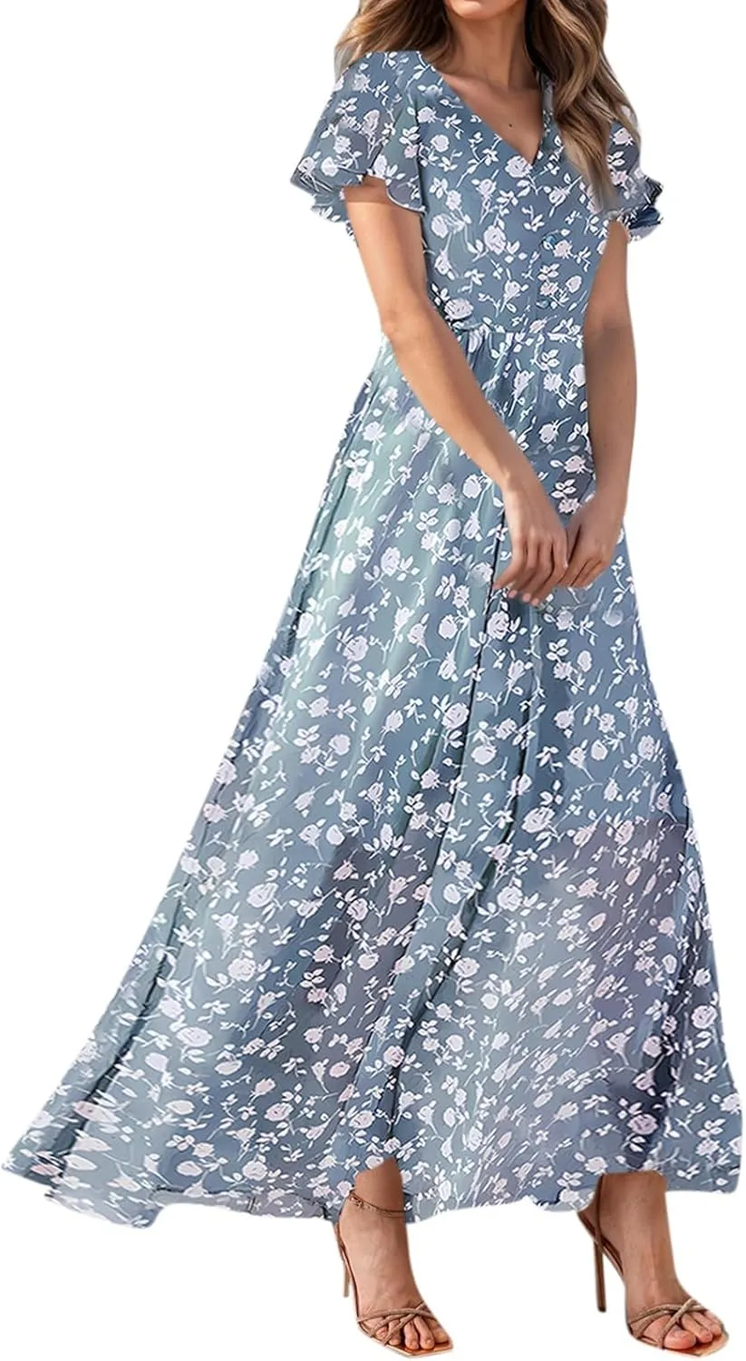 Womens Casual Flowy Chiffon Maxi Dress 2025 Summer A Line Floral Sundress Short Sleeve V Neck Peasant Beach Long Dresses