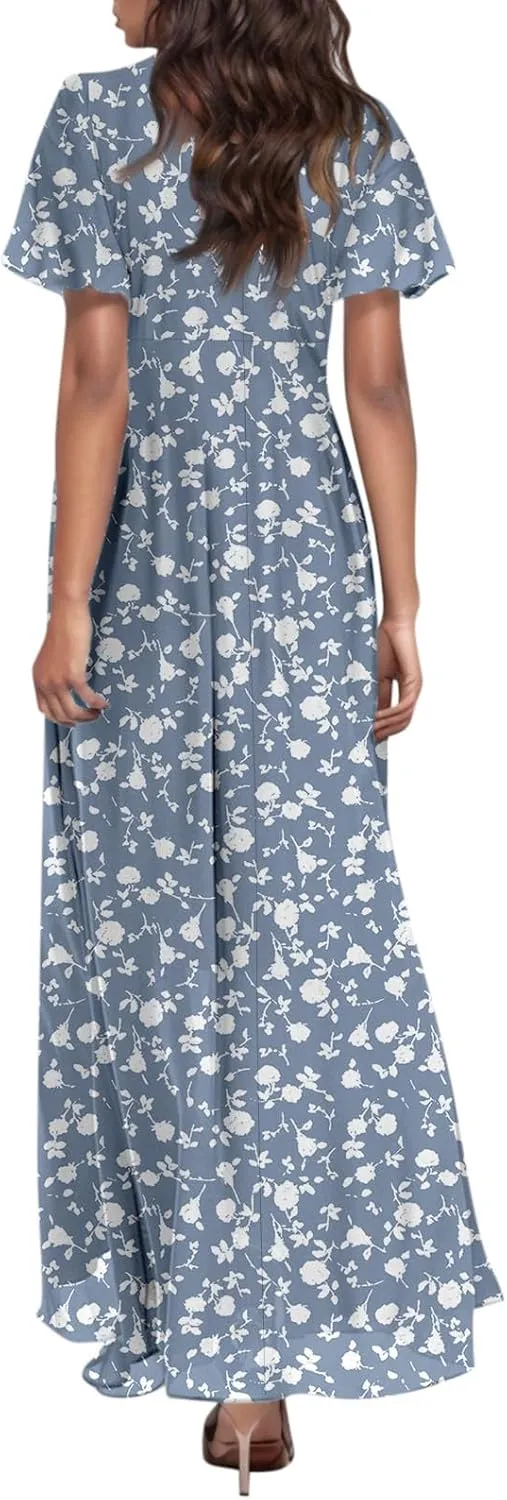 Womens Casual Flowy Chiffon Maxi Dress 2025 Summer A Line Floral Sundress Short Sleeve V Neck Peasant Beach Long Dresses