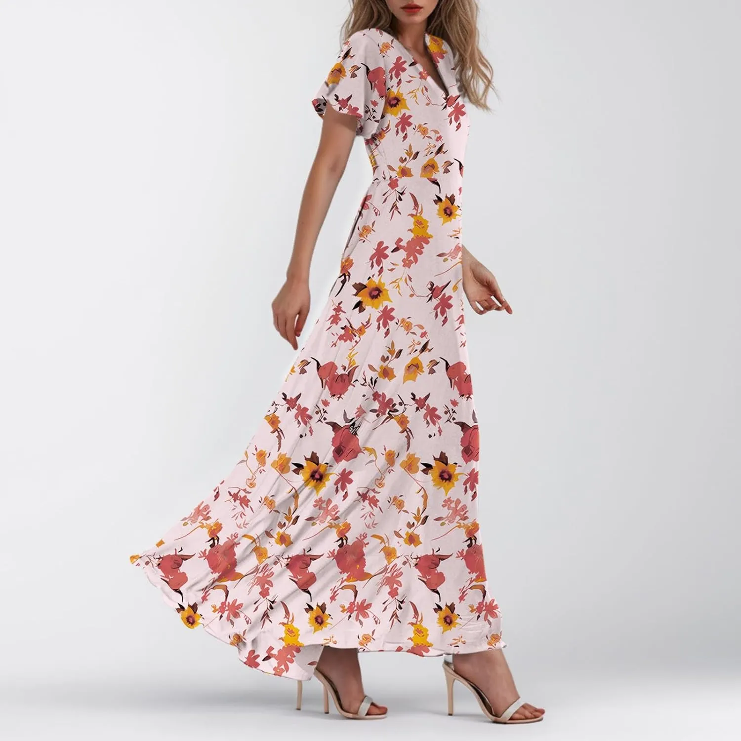 Womens Casual Flowy Chiffon Maxi Dress 2025 Summer A Line Floral Sundress Short Sleeve V Neck Peasant Beach Long Dresses