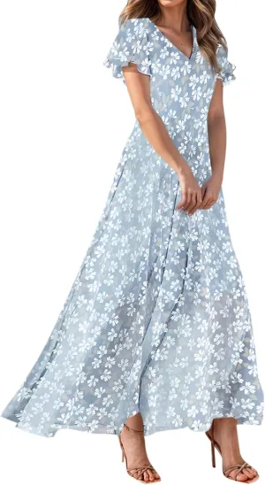 Womens Casual Flowy Chiffon Maxi Dress 2025 Summer A Line Floral Sundress Short Sleeve V Neck Peasant Beach Long Dresses
