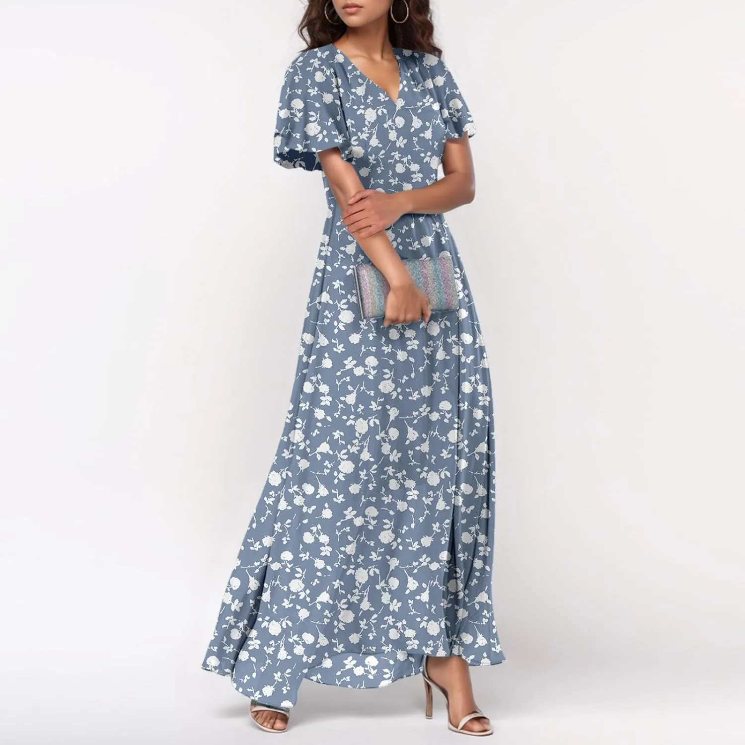 Womens Casual Flowy Chiffon Maxi Dress 2025 Summer A Line Floral Sundress Short Sleeve V Neck Peasant Beach Long Dresses