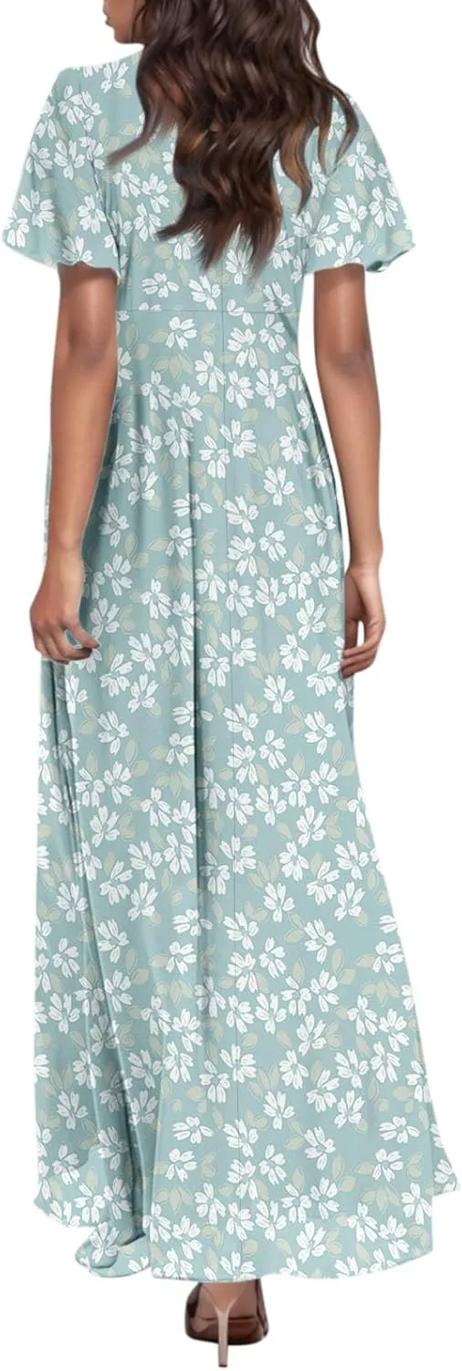 Womens Casual Flowy Chiffon Maxi Dress 2025 Summer A Line Floral Sundress Short Sleeve V Neck Peasant Beach Long Dresses