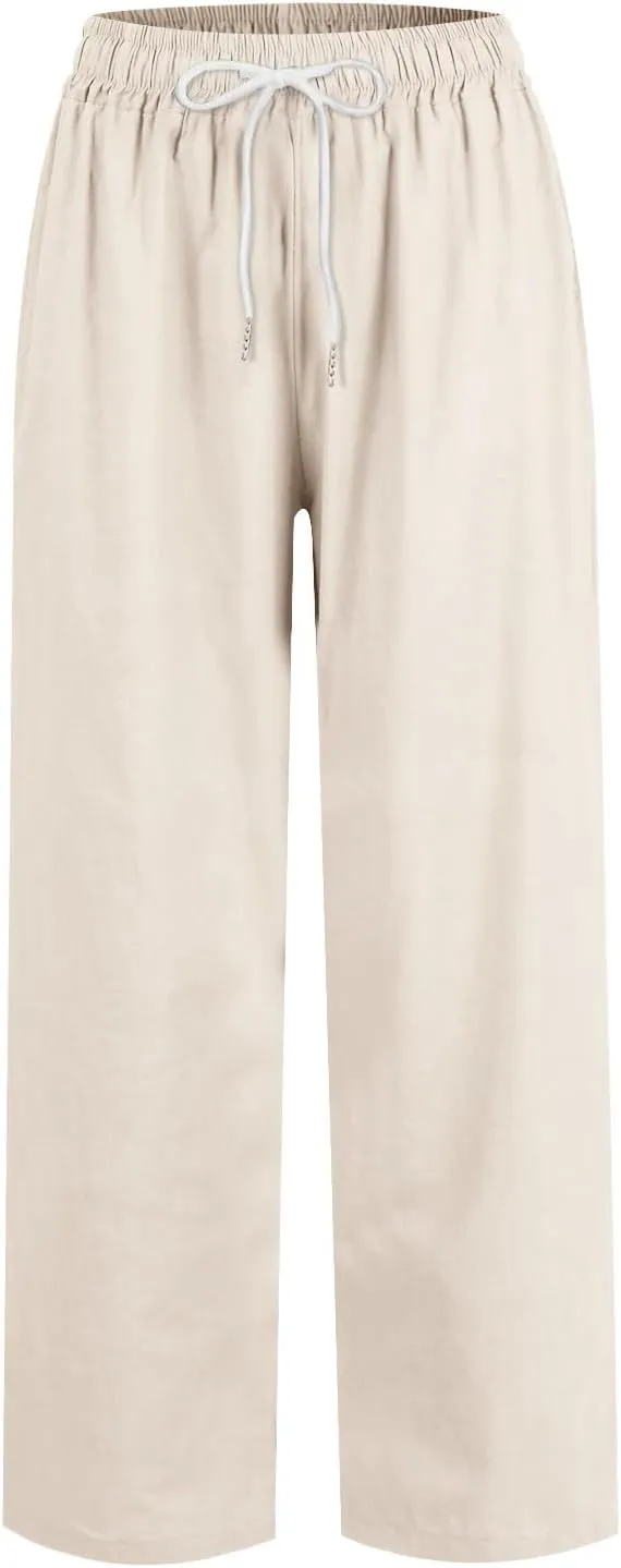 Women's Cotton Linen Baggy Harem Pants Casual Loose Fit High Waisted Beach Drawstring Pants Palazzo Trousers Pockets