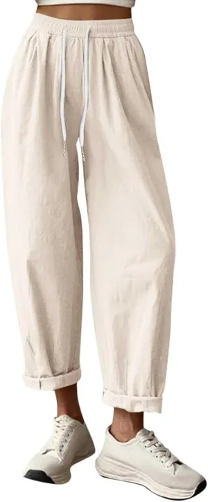 Women's Cotton Linen Baggy Harem Pants Casual Loose Fit High Waisted Beach Drawstring Pants Palazzo Trousers Pockets