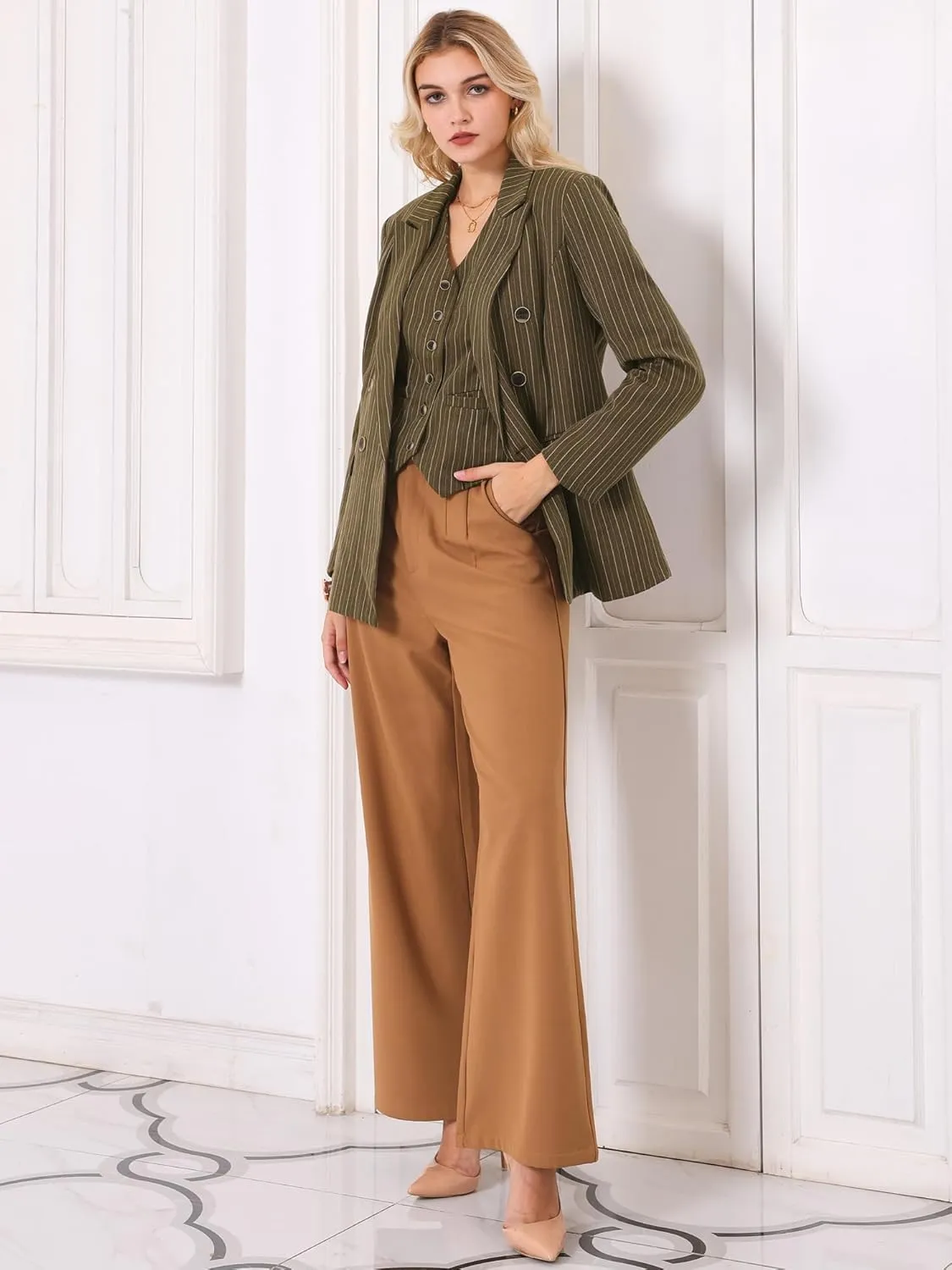 Women's Double Breasted Blazer Vintage Pinstripe Striped Suit