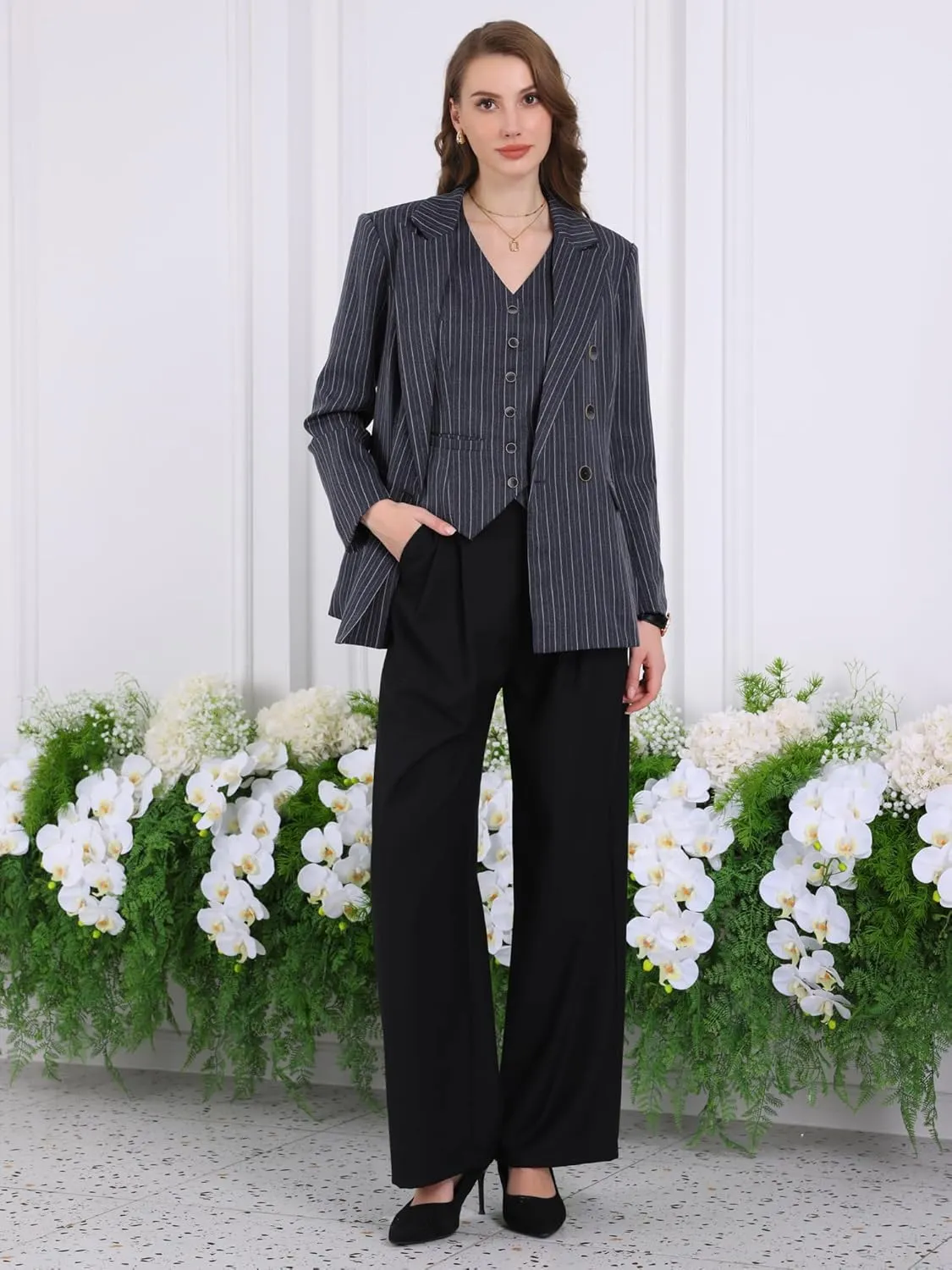 Women's Double Breasted Blazer Vintage Pinstripe Striped Suit