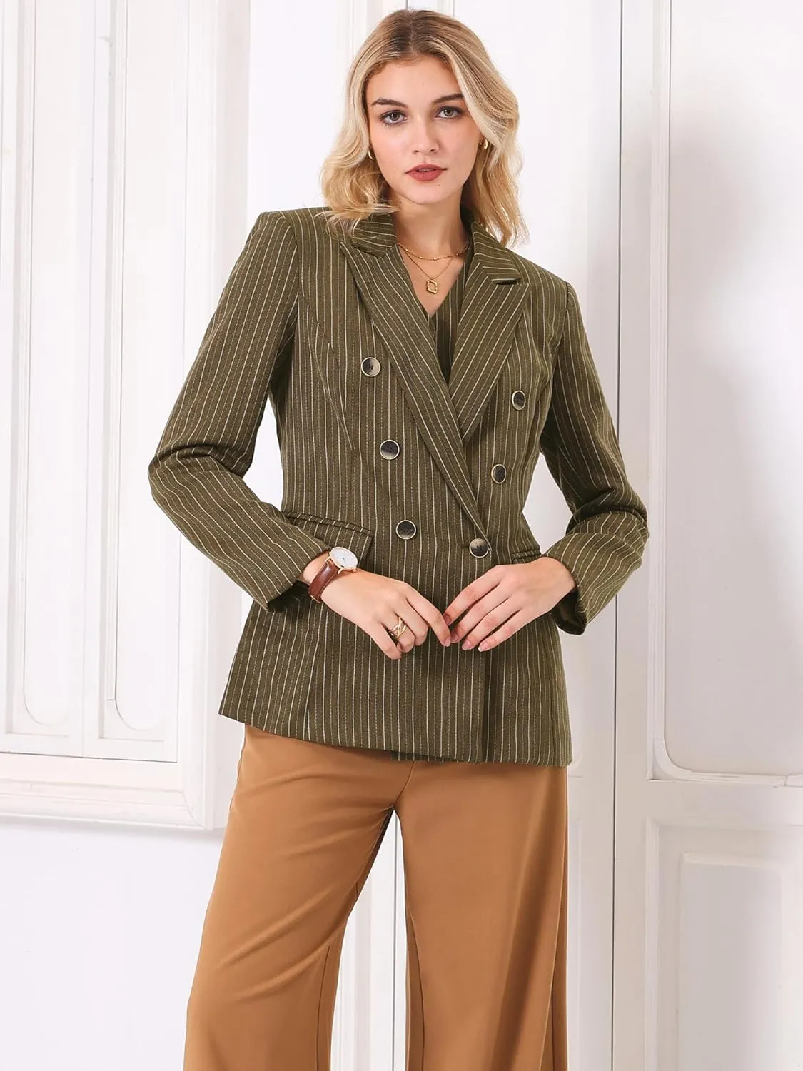 Women's Double Breasted Blazer Vintage Pinstripe Striped Suit