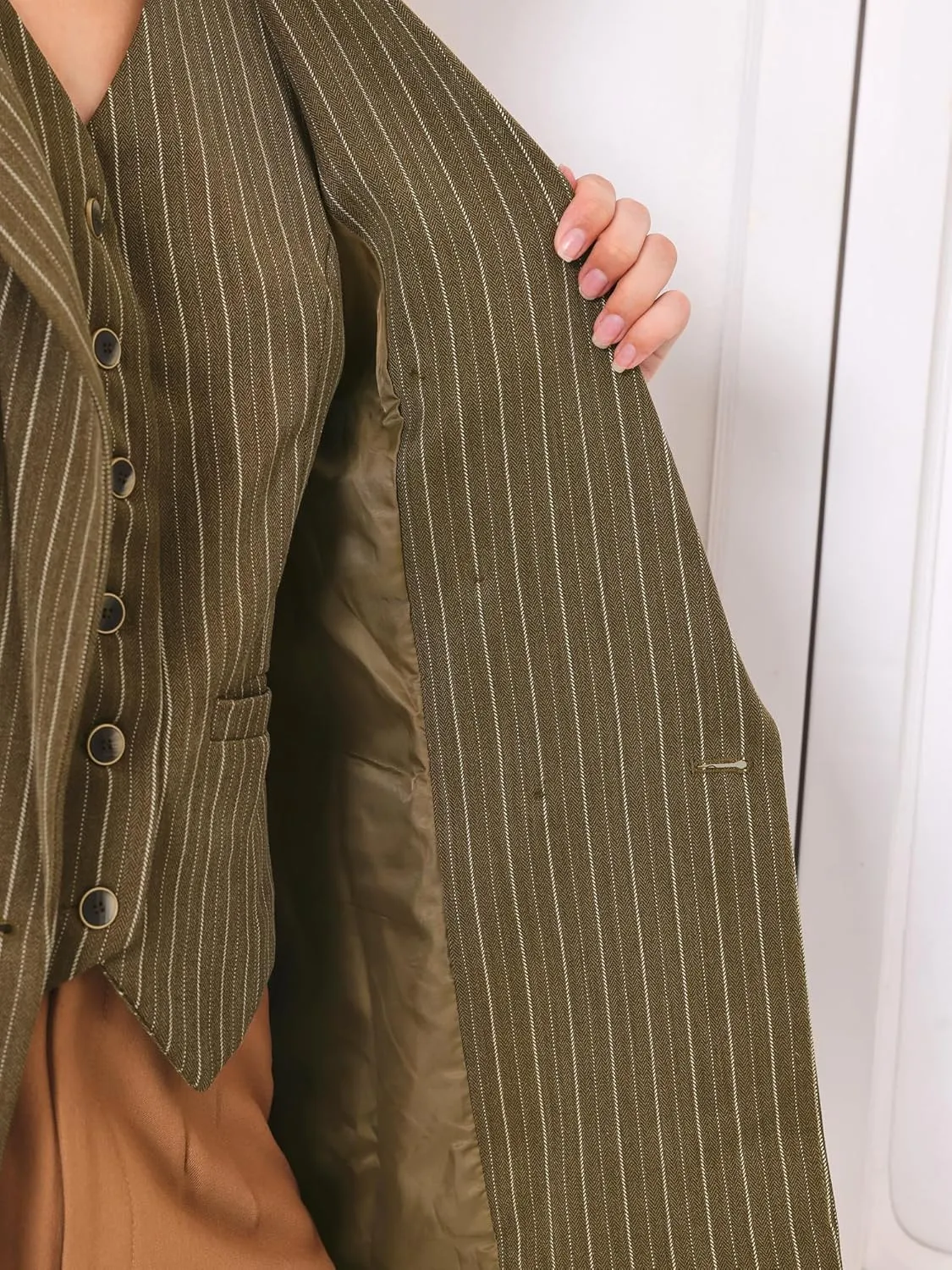 Women's Double Breasted Blazer Vintage Pinstripe Striped Suit