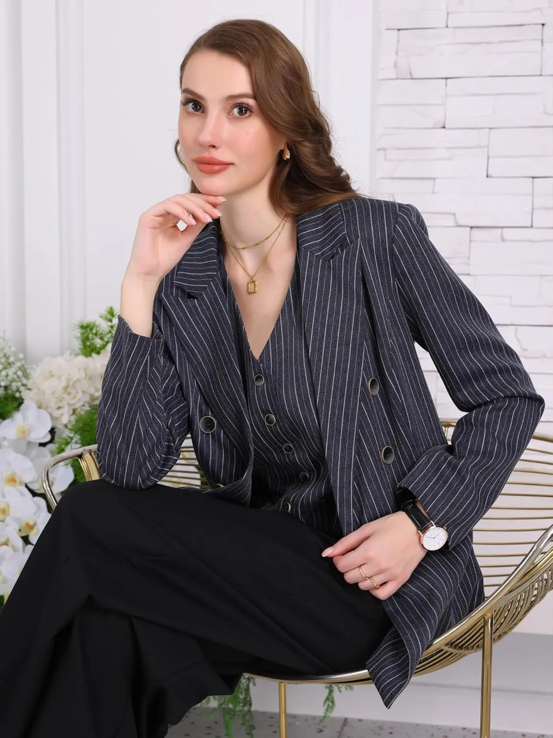 Women's Double Breasted Blazer Vintage Pinstripe Striped Suit