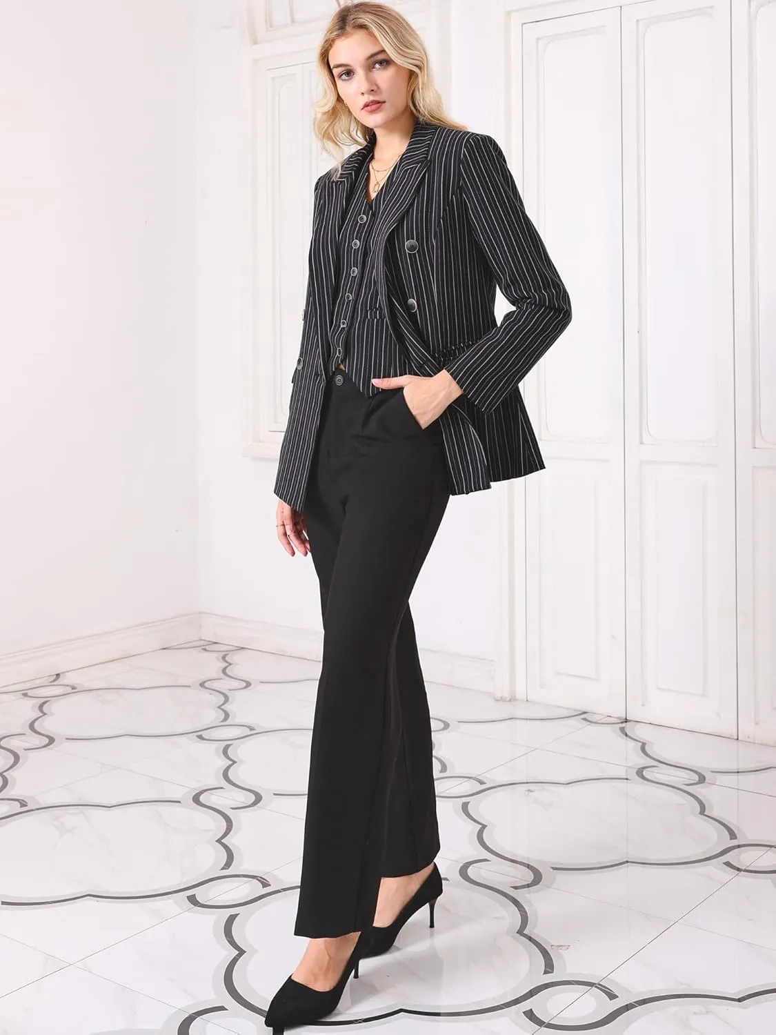 Women's Double Breasted Blazer Vintage Pinstripe Striped Suit