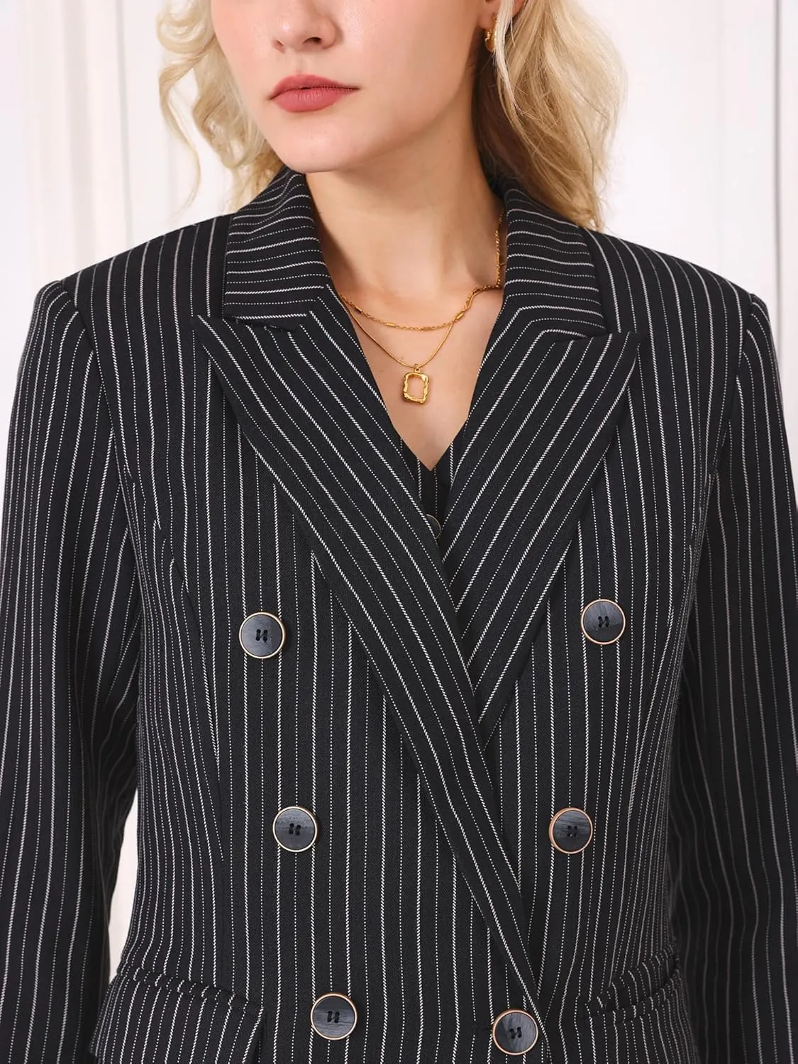 Women's Double Breasted Blazer Vintage Pinstripe Striped Suit