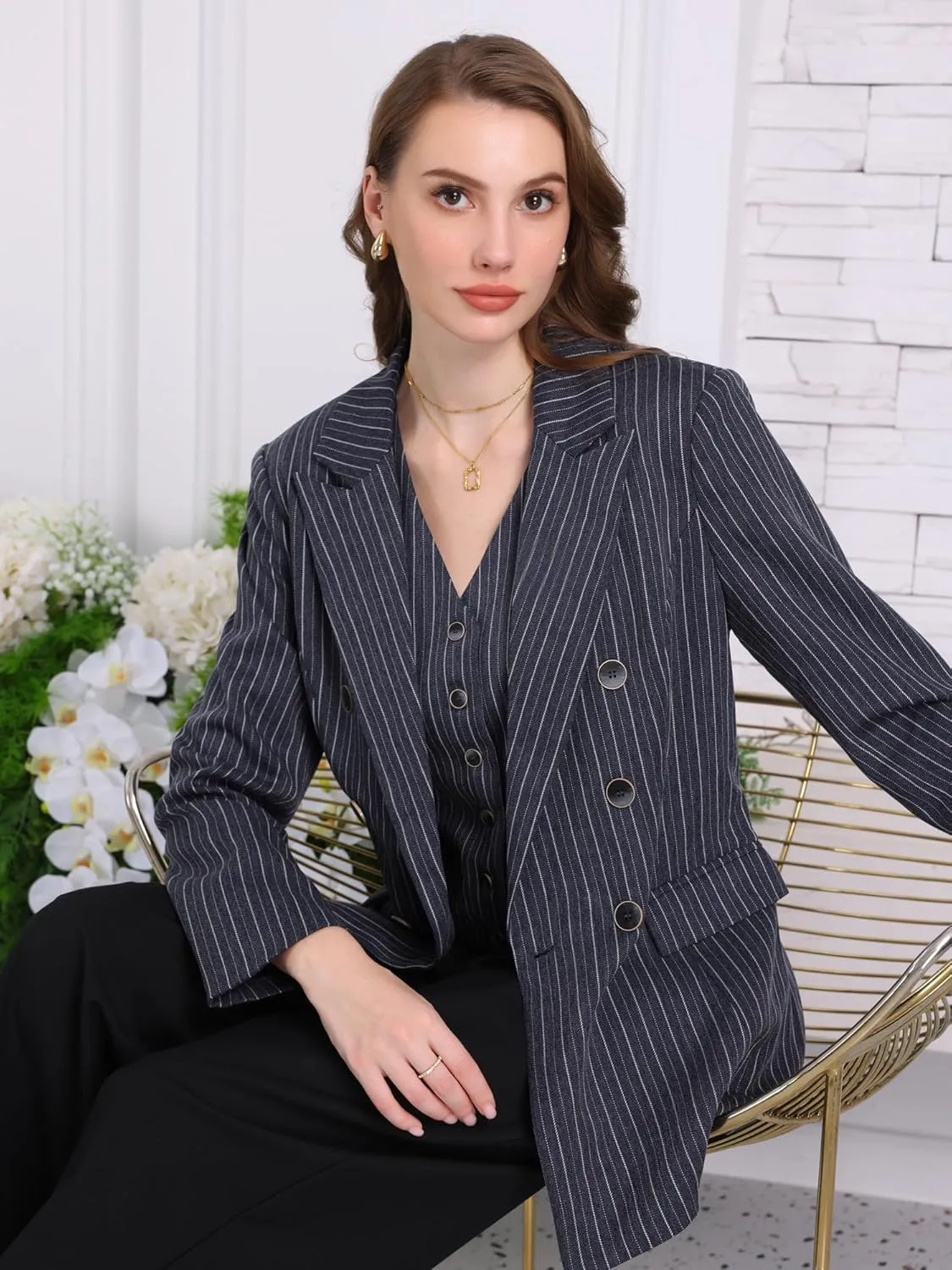 Women's Double Breasted Blazer Vintage Pinstripe Striped Suit