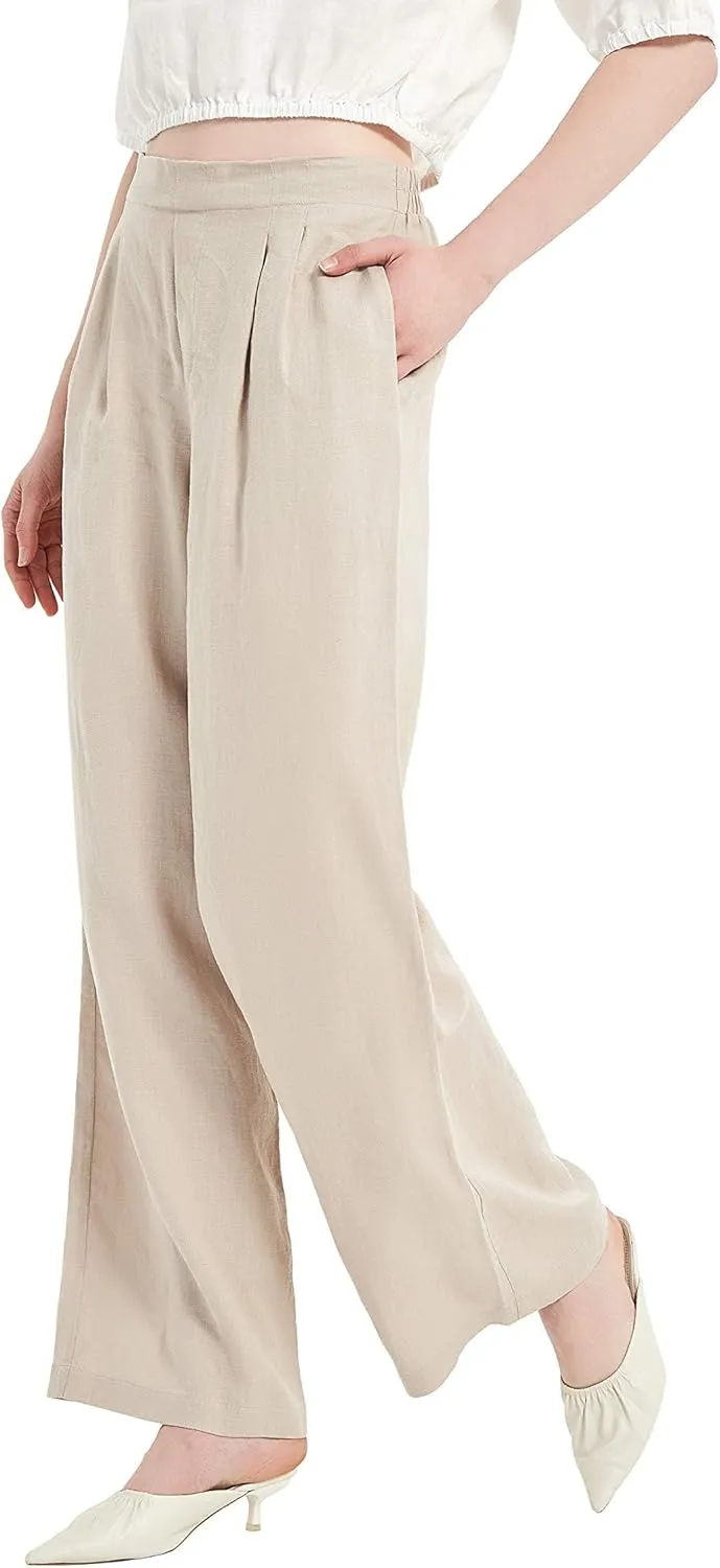 Women's Drape Linen Pants Summer Wide Leg Trousers Compact Fabric with Pockets
