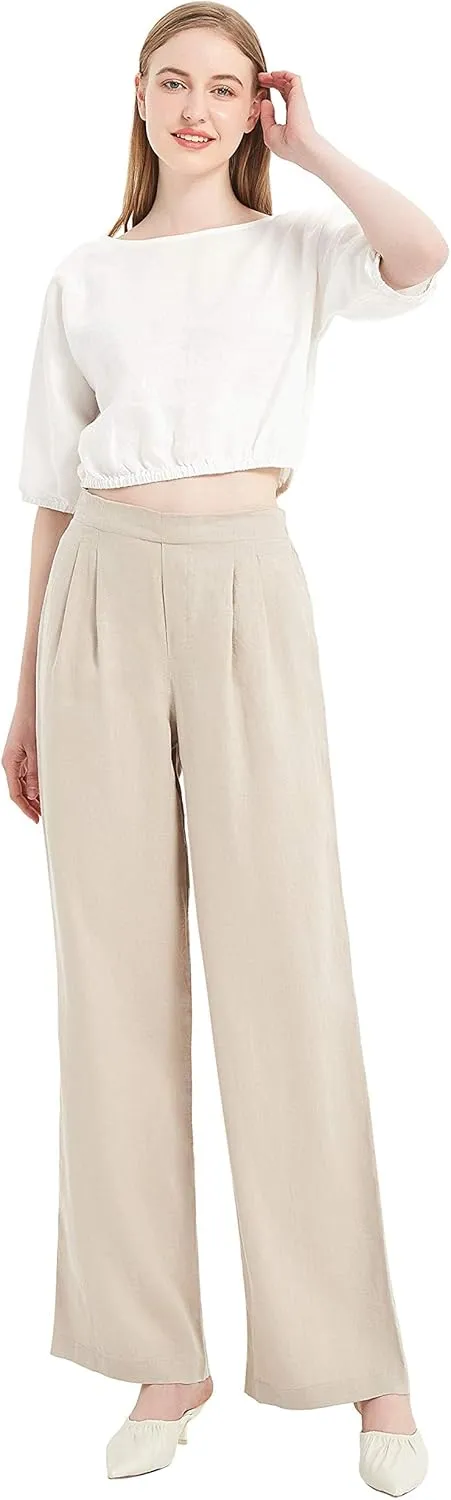 Women's Drape Linen Pants Summer Wide Leg Trousers Compact Fabric with Pockets