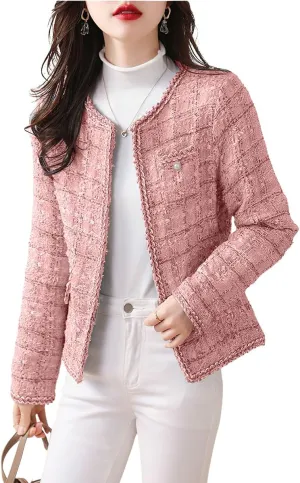 Women's Fall 2024 Open Front Tweed Blazer Jacket Slim Fit Business Casual Tweed Jacket Coat