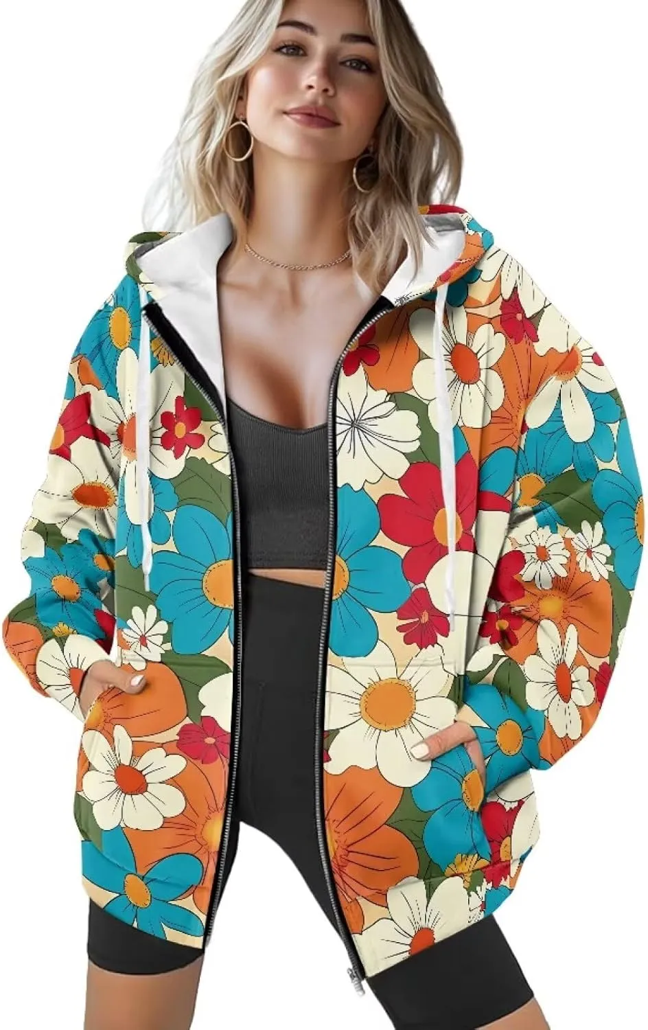 Women's Full Zip Up Hoodie with Pockets Oversized Sweatshirts Long Sleeve Fashion Clothes Jacket